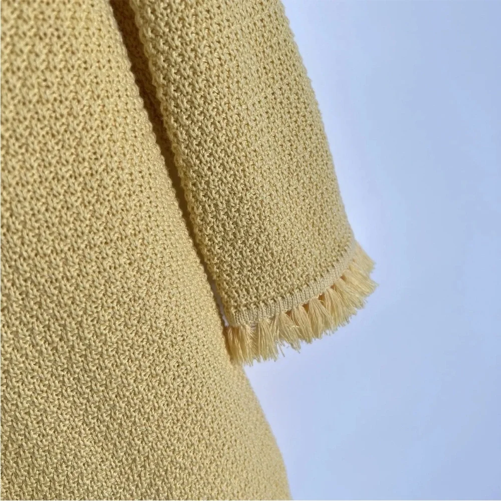 Talbots Cotton Sweater Womens Size Large P Yellow Textured Knit Tassel Accent